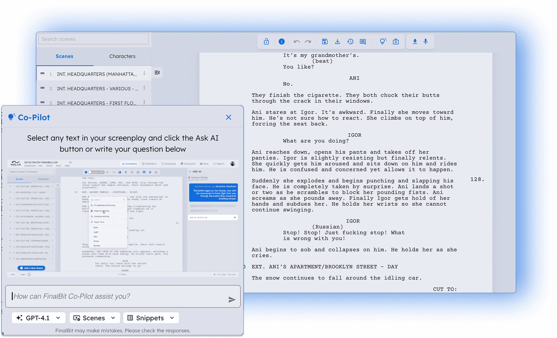 AI screenplay editor with co-pilot writing assistant and professional script formatting interface