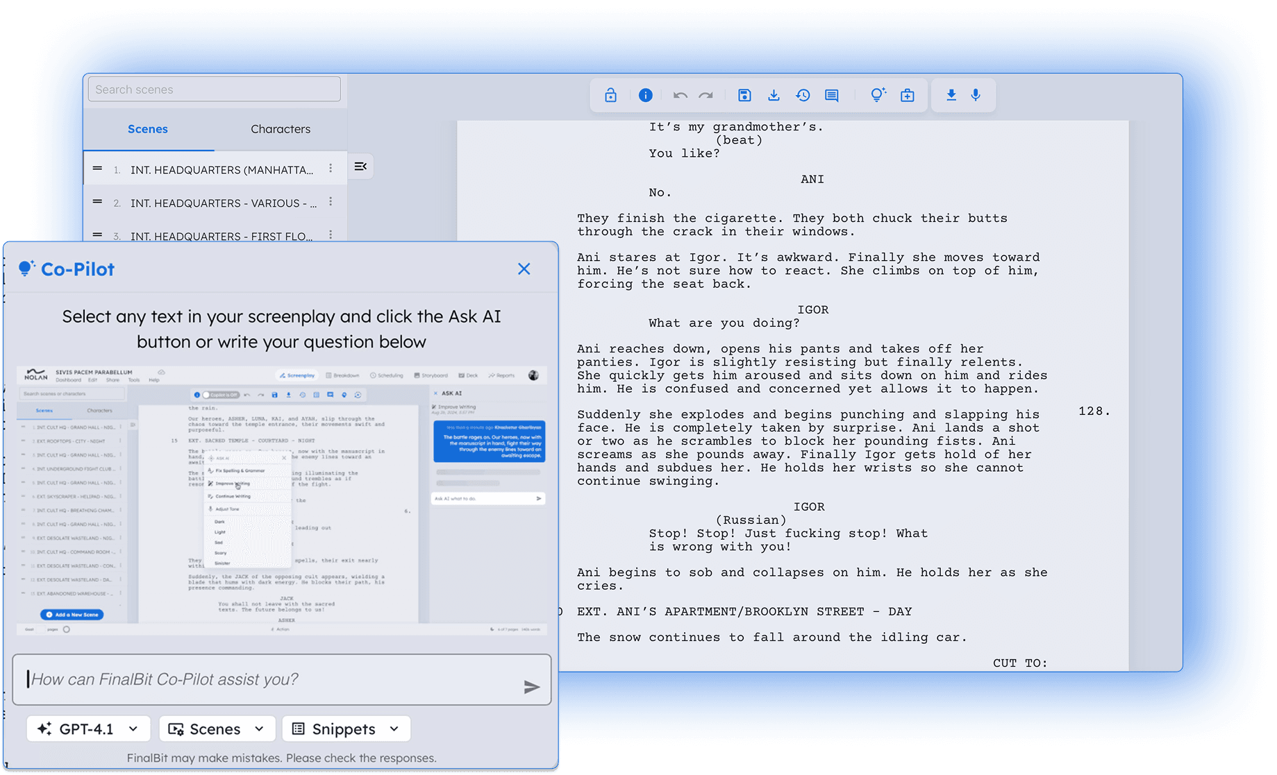 AI screenplay editor with co-pilot writing assistant and professional script formatting interface