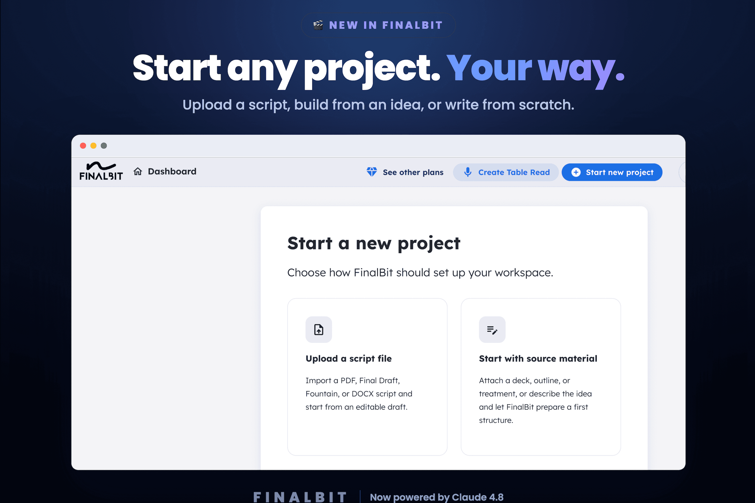 FinalBit's new project screen — start a screenplay by uploading a script, using source material, or a blank editor.
